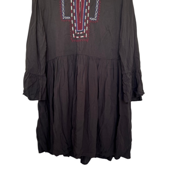 Forever 21 Dress Large Boho Black Flare Embroidered Tribal Ruffle Sleeve Summer - Picture 2 of 7